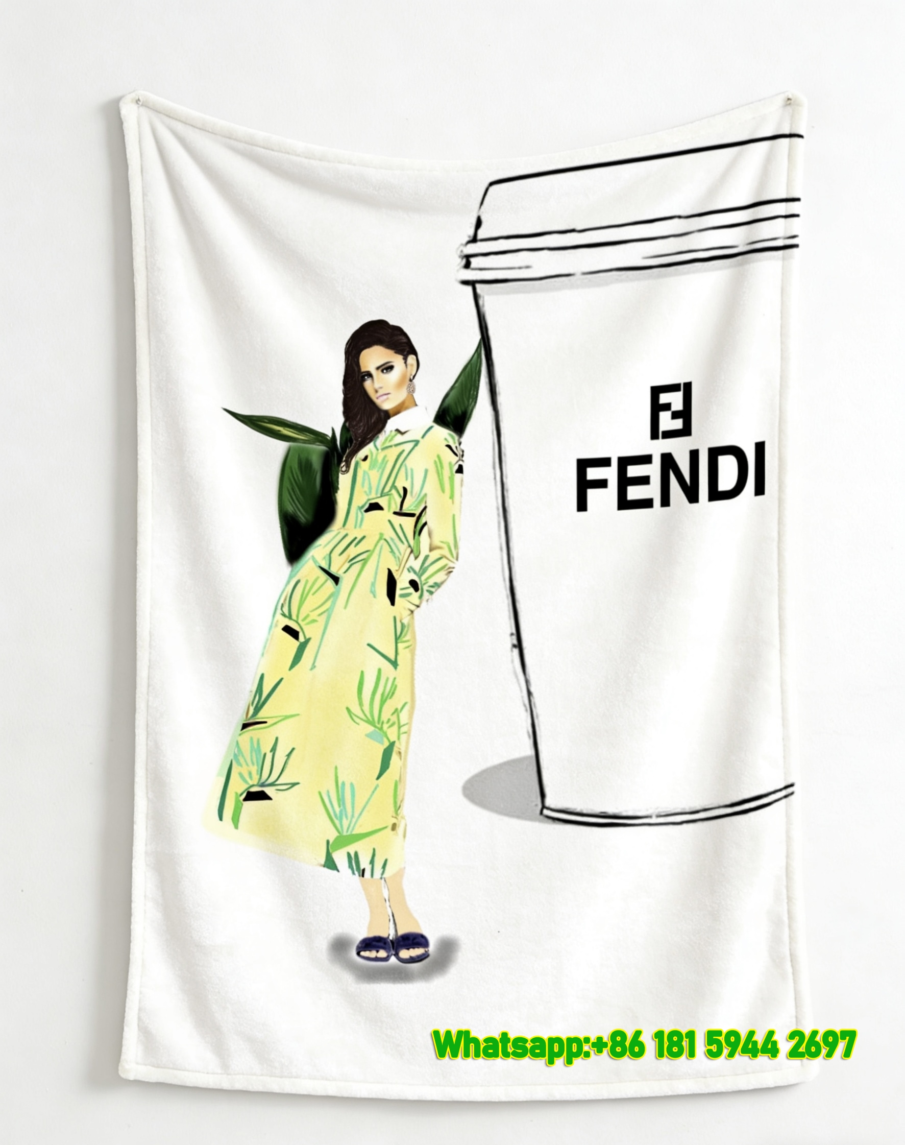 Fendi Yellow Green Tropical Print Dress Coffee Cup Fashion Illustration Flannel Throw Blanket IMG_9603